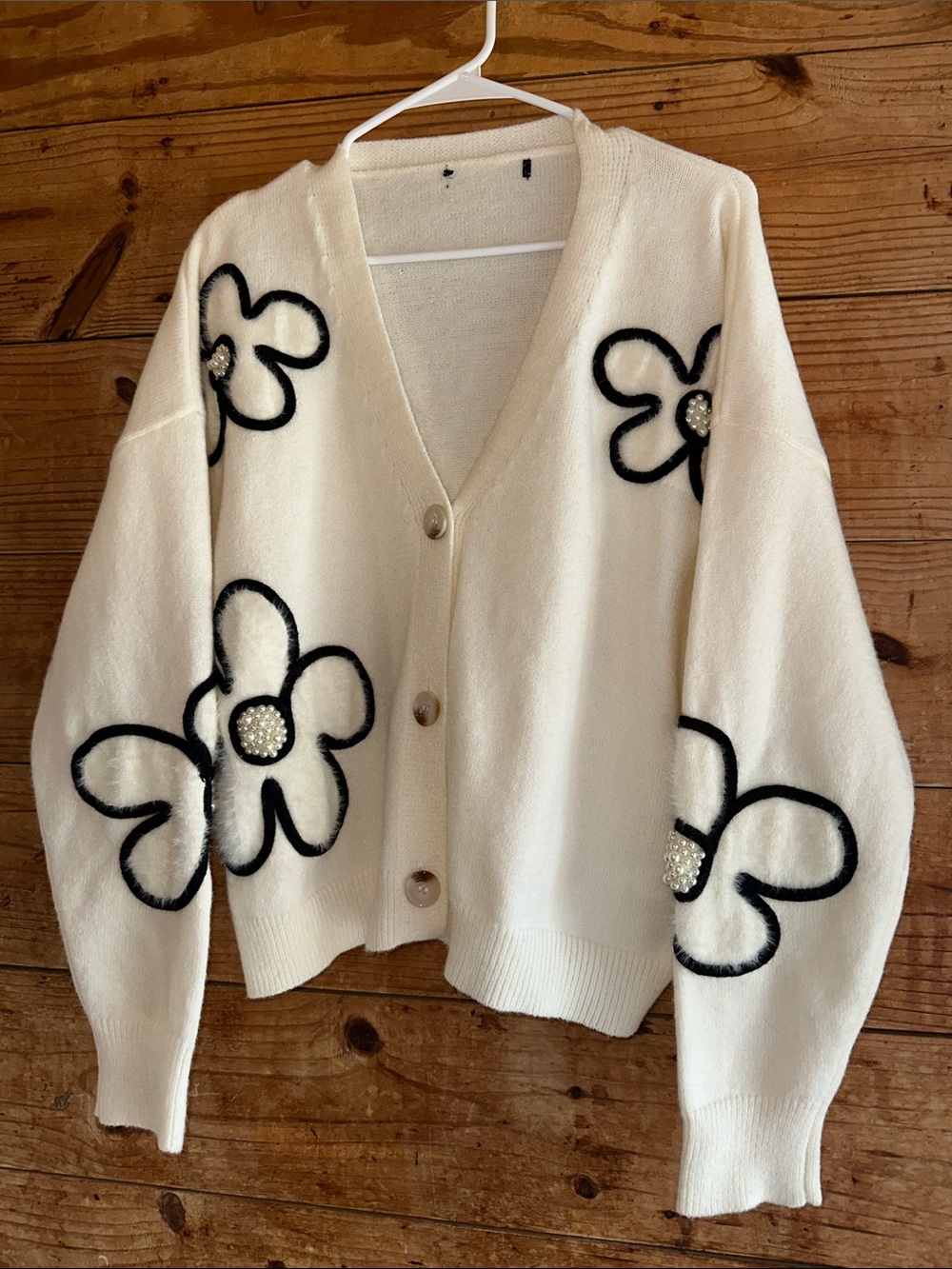 Chunky Ivory Floral Button-Front Cardigan Sweater